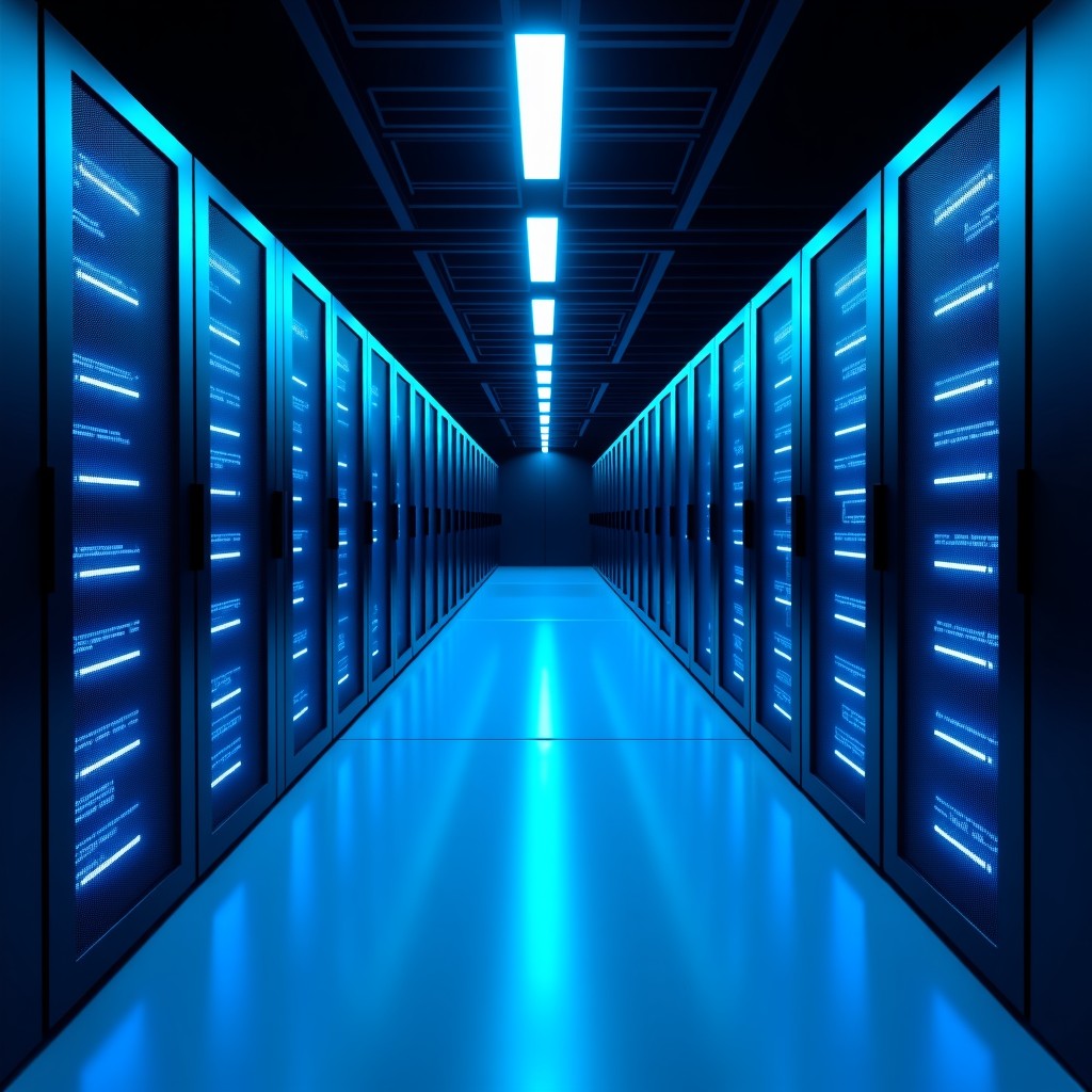Inside a high tech modern data center with glowing blue server lights, representing AI investment and technology growth, sleek design, wide angle, 4:3