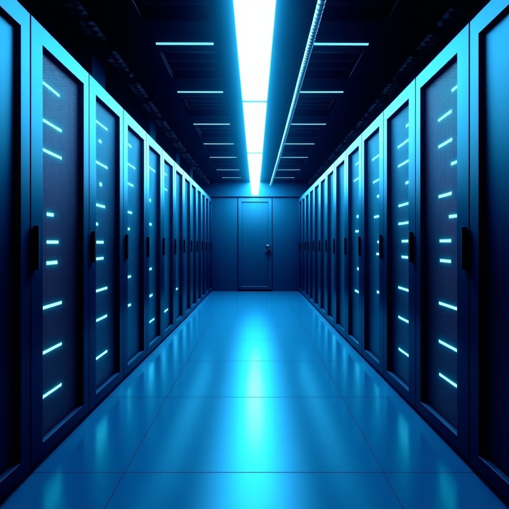 Interior of a futuristic high-performance data center with rows of server racks glowing with soft LED lights. Professional architectural photography, clean and organized. 4:3