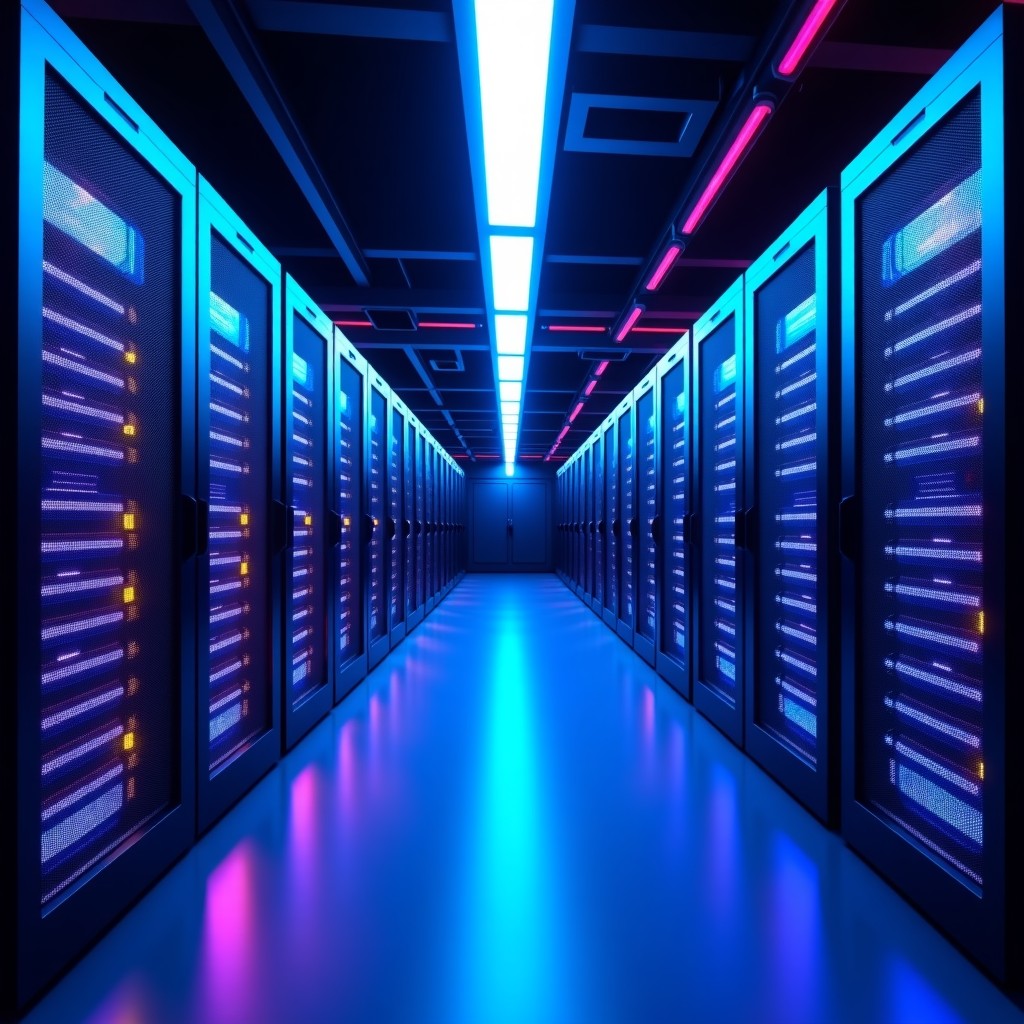 A high-tech modern data center with glowing blue and purple lights on server racks wide angle shot clean futuristic atmosphere 4:3