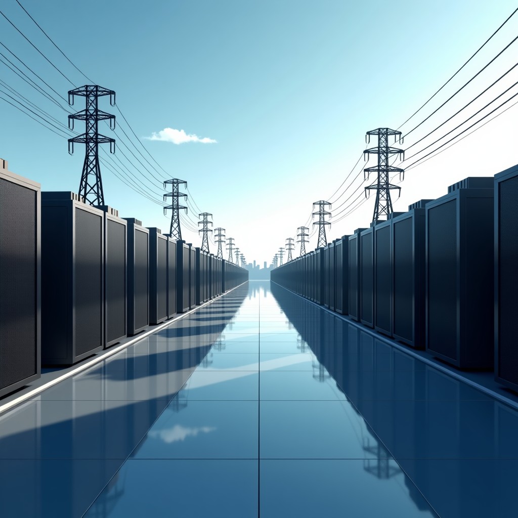 A wide shot of a massive modern data center campus with large cooling systems and power substations under a clear sky, cinematic lighting, 4:3
