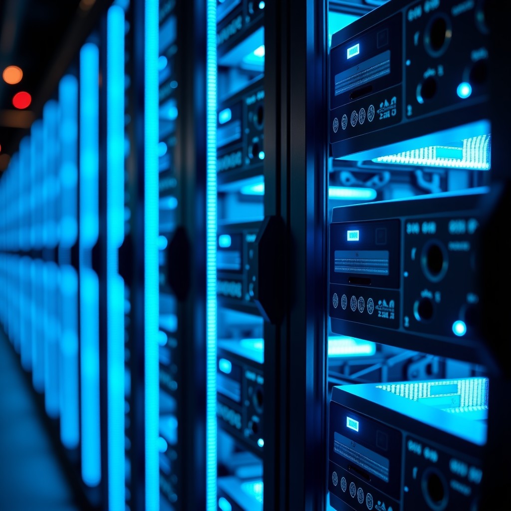 Close up of a high tech data center server rack with glowing blue led lights, cooling systems, futuristic machinery, clean and organized cable management, 4:3