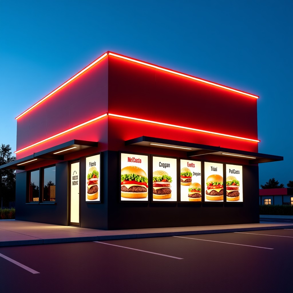 A sleek and modern fast food restaurant exterior at dusk, digital menu boards glowing brightly with high-resolution food images, professional architectural photography, vibrant colors. 4:3