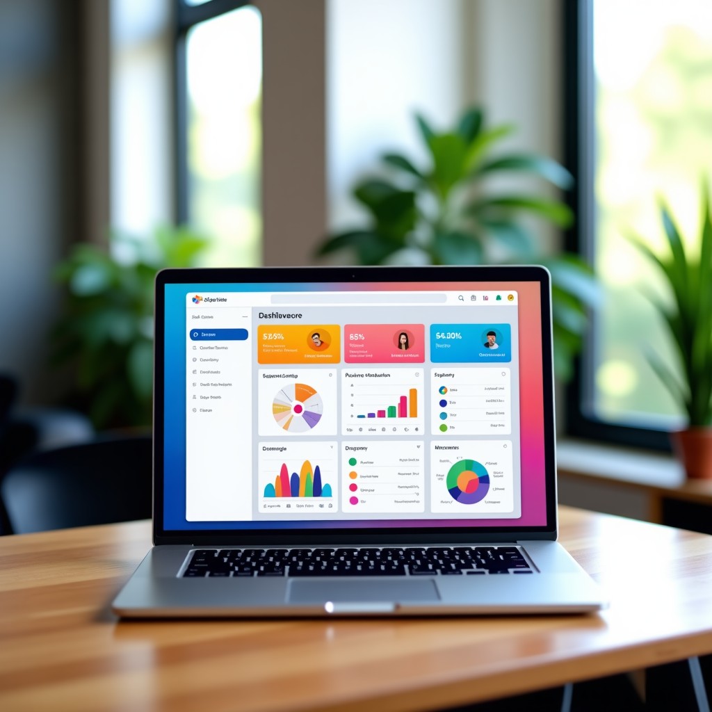 A modern minimalist workspace with a high-end laptop on a wooden desk. The screen shows a vibrant and colorful creative design dashboard with various graphic elements. The background is a bright, airy office with plants. High quality photography style. 4:3