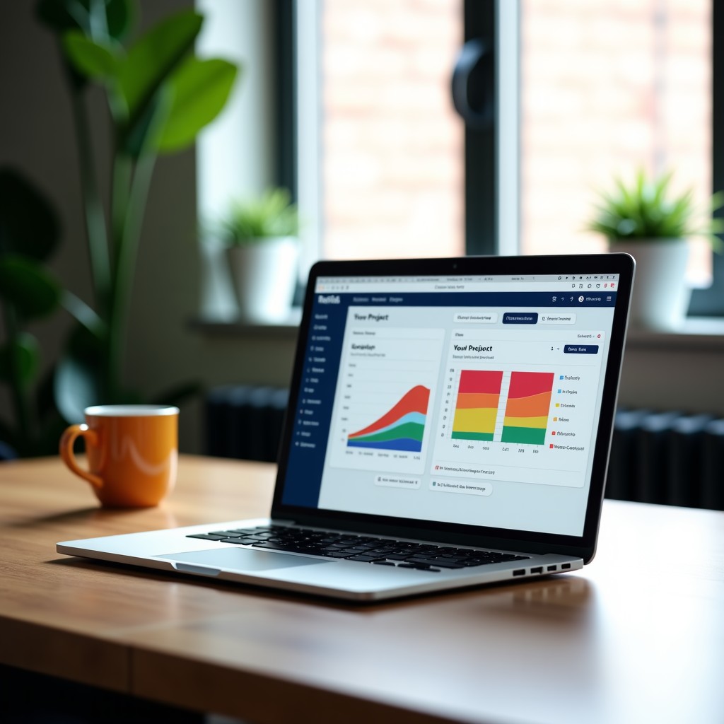 A high-quality lifestyle photo of a modern office desk with a laptop displaying a colorful project management interface. The background is a stylish office with soft lighting and indoor plants. No text on screen. 4:3