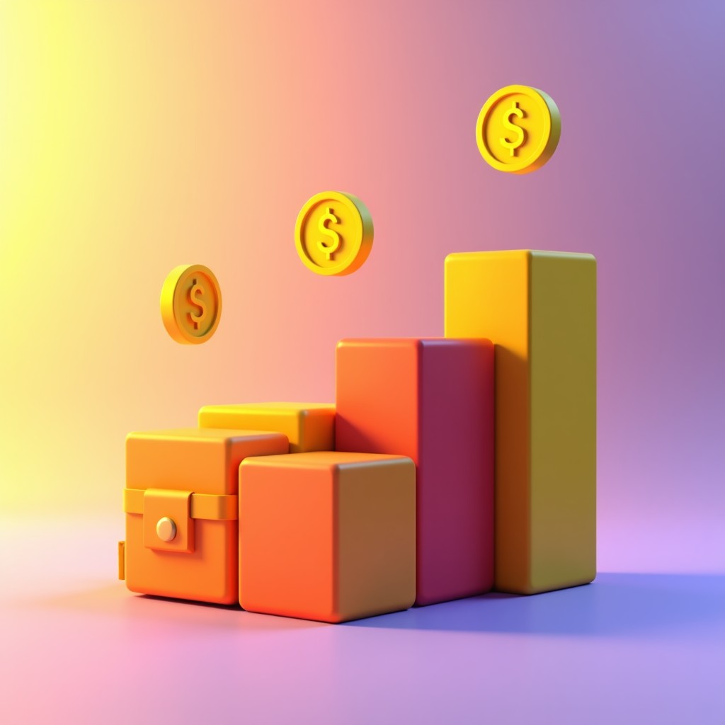 A clean and modern 3D illustration of a digital wallet with floating gold coins and rising bar charts. The style is professional yet accessible with a vibrant gradient background. No text. 4:3