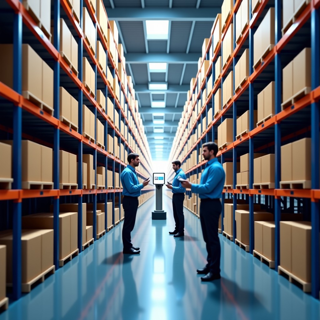 A high-tech warehouse facility where automated guided vehicles move between shelves while a few human supervisors monitor the operations on tablets. Realistically lit with industrial textures and a sense of scale. 4:3
