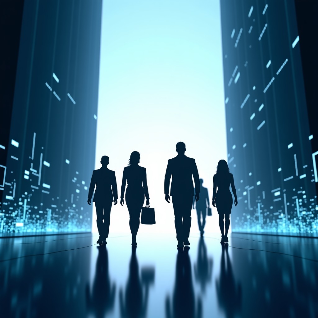 Silhouettes of professional people walking between two futuristic office buildings, digital data streams floating in the air, cinematic lighting, 4:3