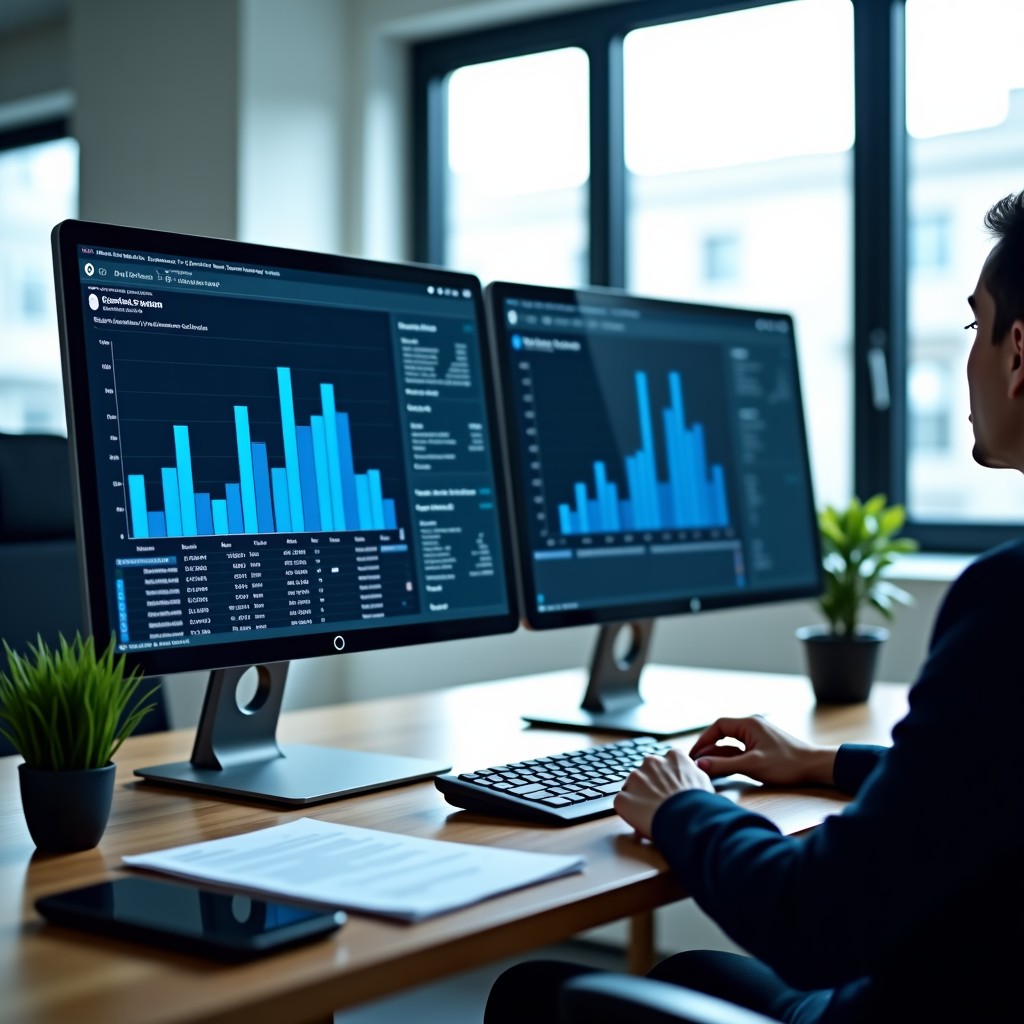 Professional business environment with high-end computers displaying complex data analytics and legal documents in a bright modern office. 4:3