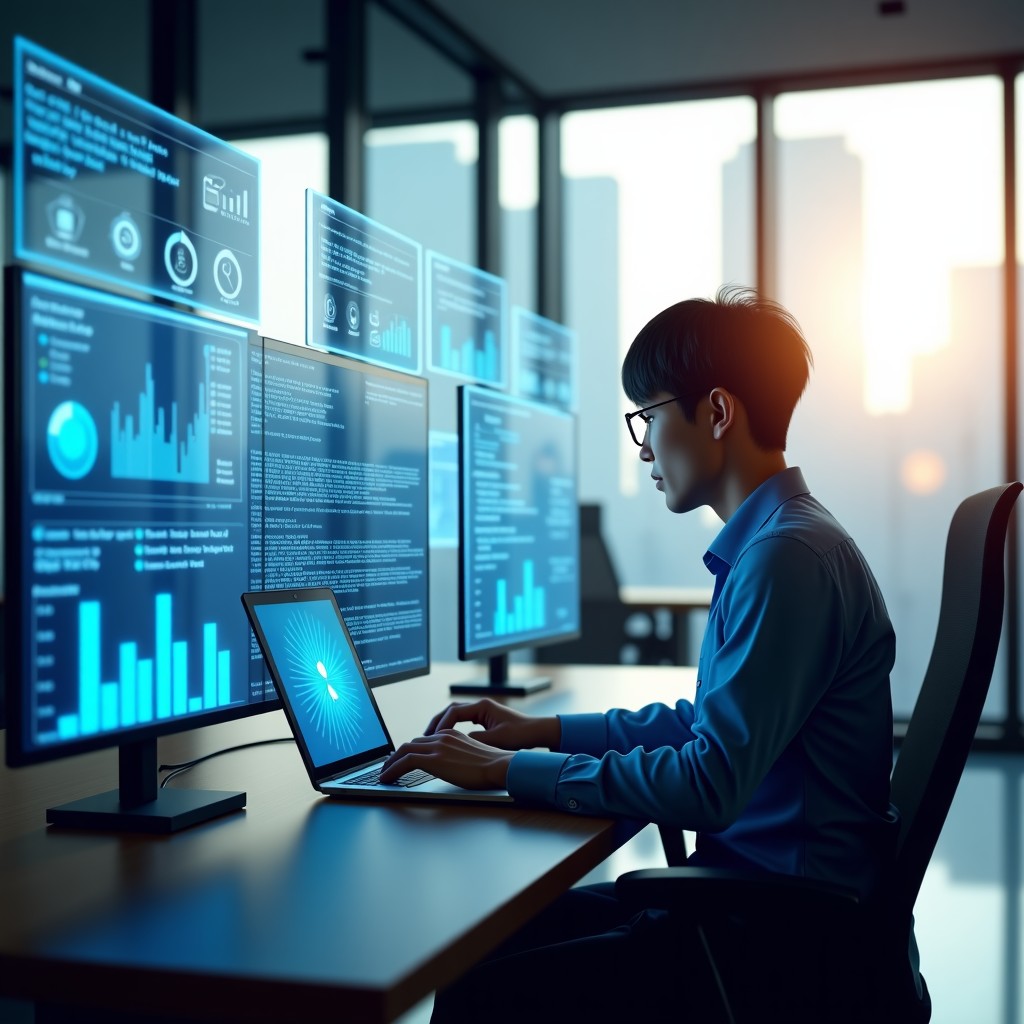 A high-end office interior where a professional person of Korean descent is working with multiple transparent holographic screens showing AI data analysis and creative coding. Natural morning light coming through large windows. Realistic lifestyle photography style. 4:3