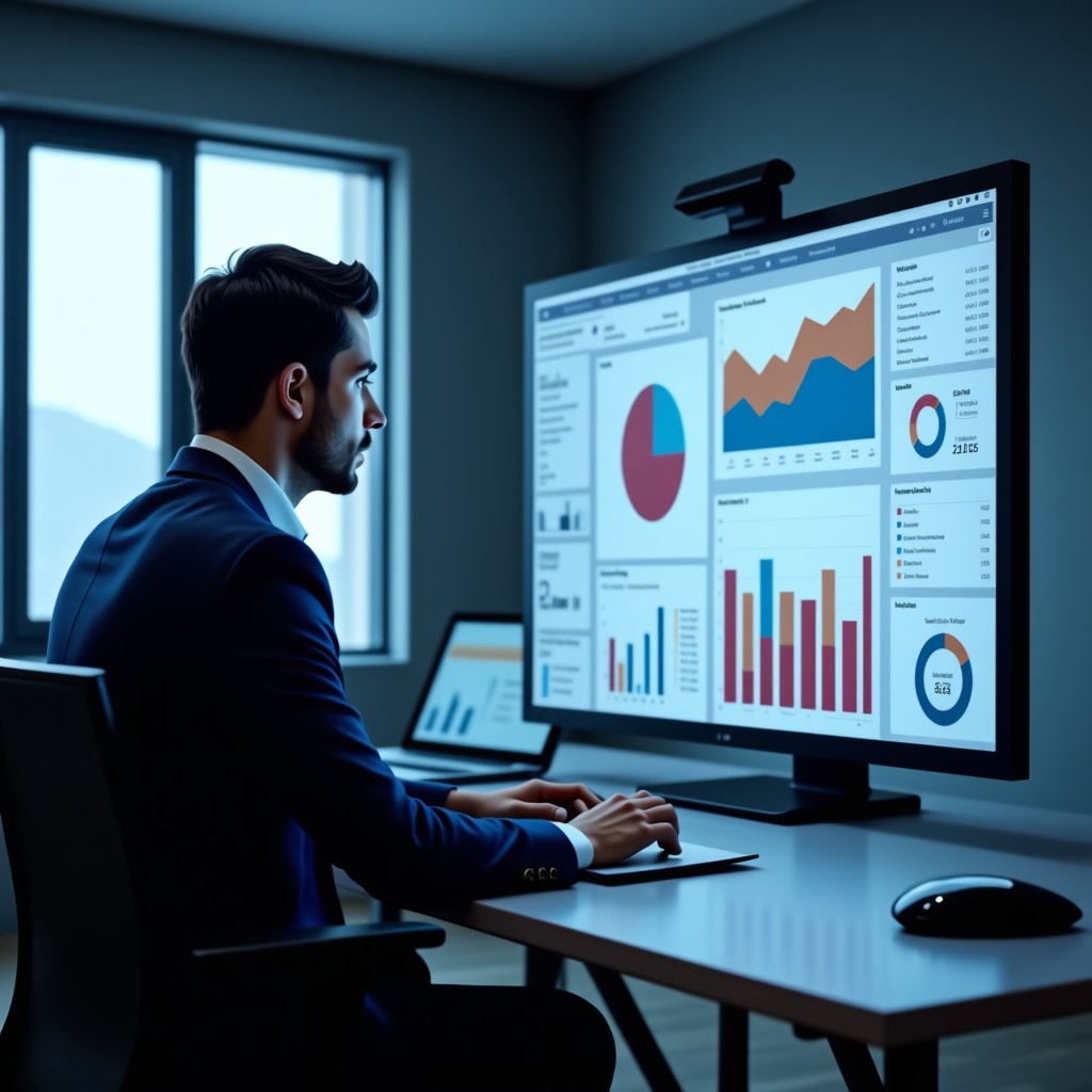 A professional accountant in a modern office looking at a sleek digital interface showing financial data and AI-driven reporting charts. The atmosphere is professional and high-tech. 4:3
