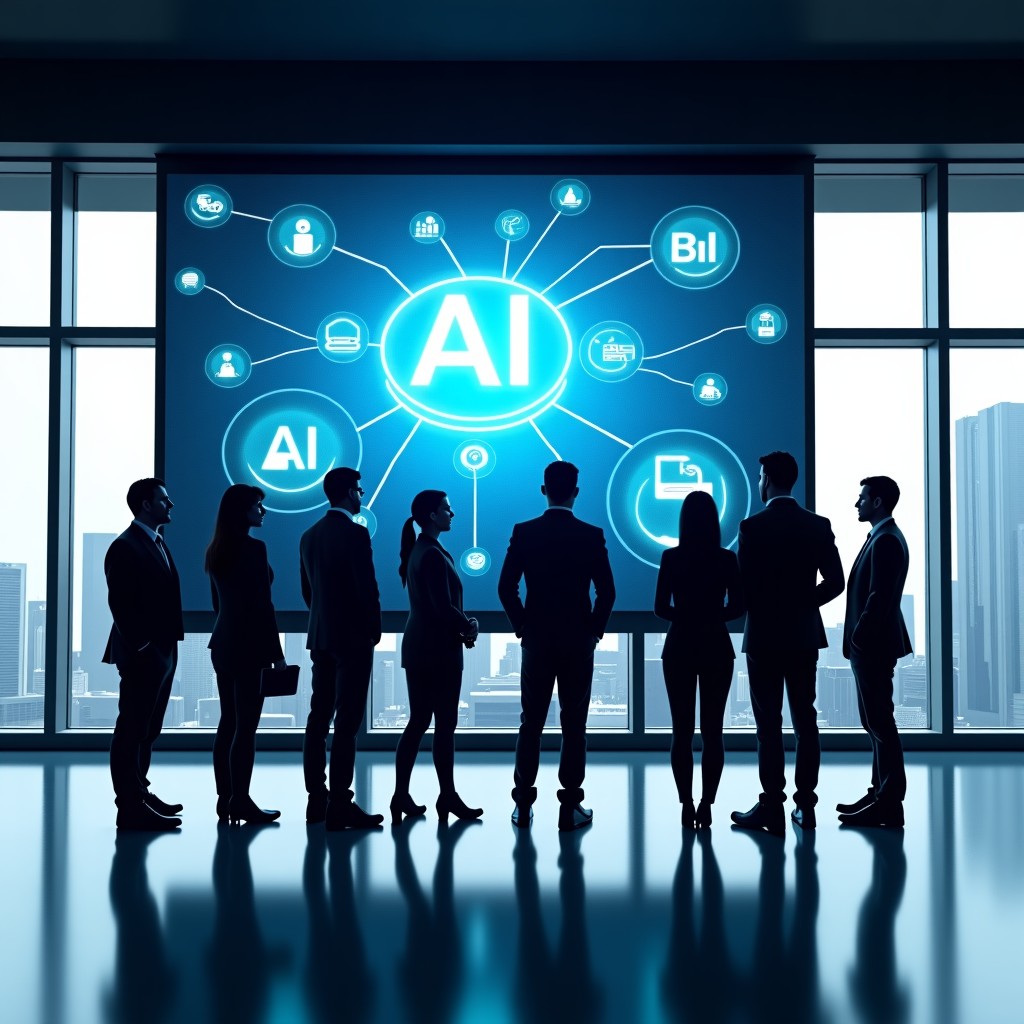 A group of diverse professionals in a modern glass-walled office looking at a large digital screen displaying abstract AI network connections and business data visualizations. High-end office interior, natural daylight, professional atmosphere, wide shot. 4:3