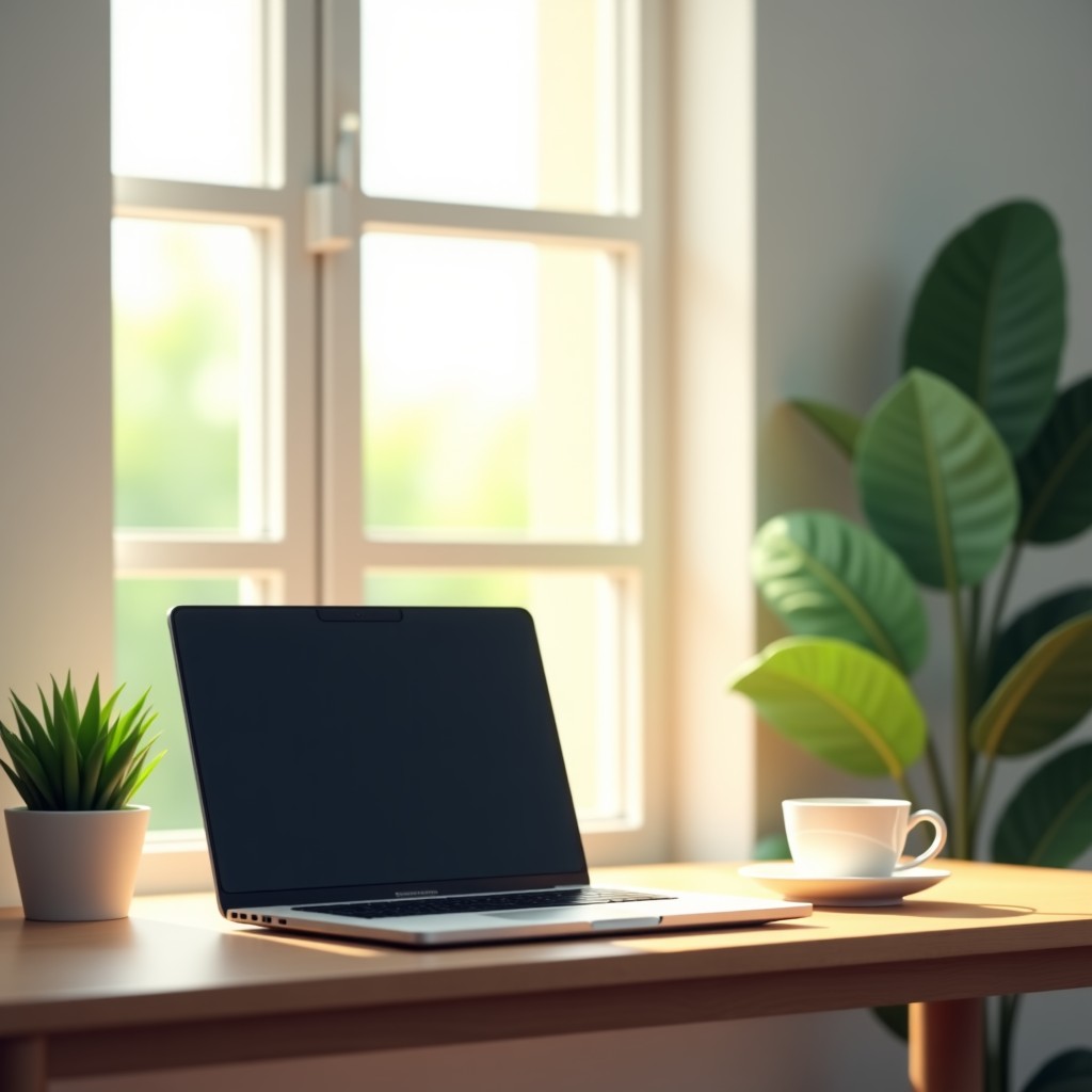 A clean and minimal workspace featuring a modern laptop on a wooden desk. Natural sunlight is streaming through a window, with a small green plant and a cup of coffee nearby. Soft and warm atmosphere. 4:3