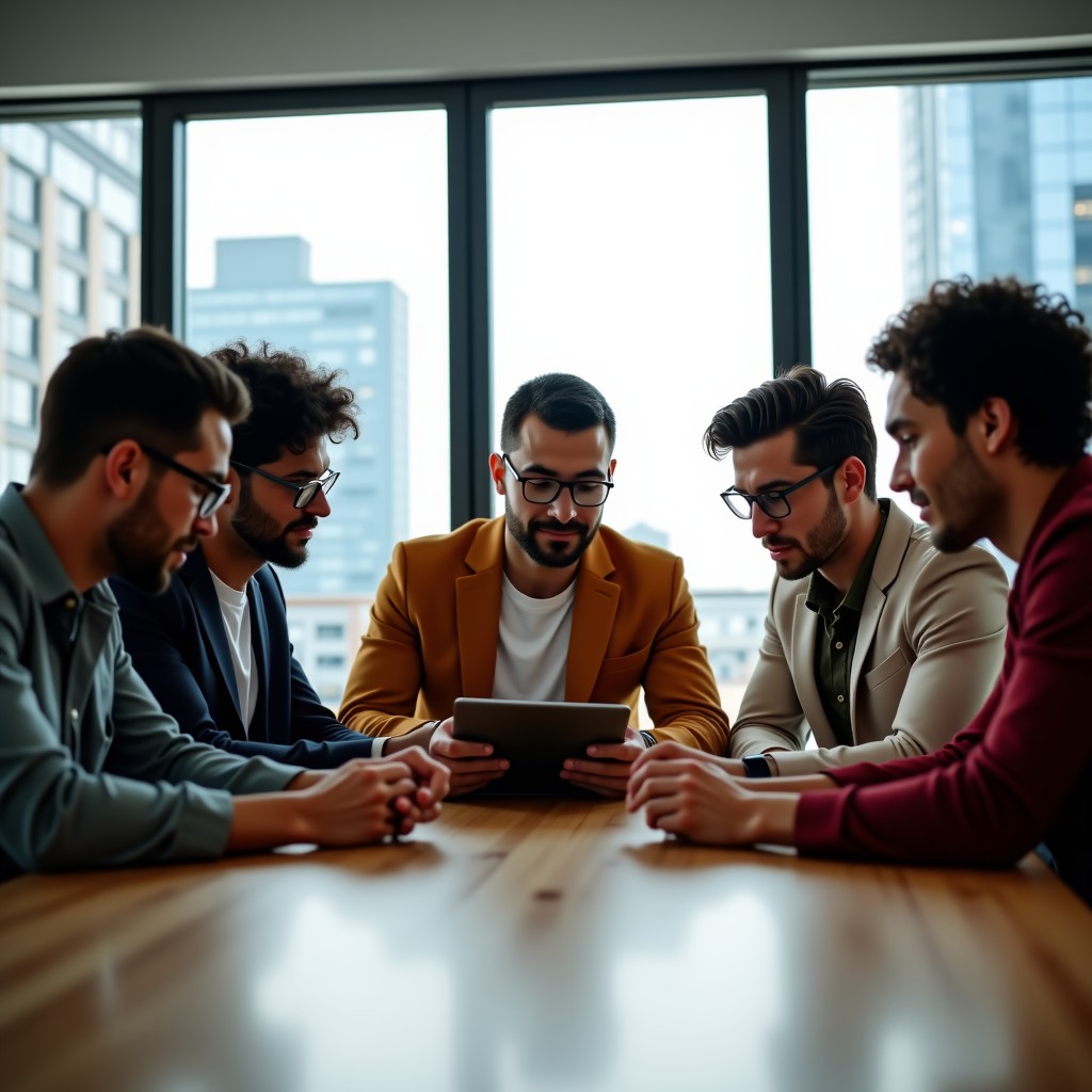 A group of diverse young professionals in a bright modern office sitting around a wooden table. They are looking at a tablet and discussing creative ideas. Large windows with city views in the background. Natural lighting. 4:3