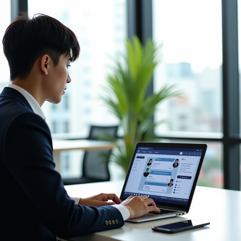 A Korean professional working in a modern bright office using a laptop showing an AI chat interface, natural sunlight, realistic lifestyle photography, high quality, 4:3