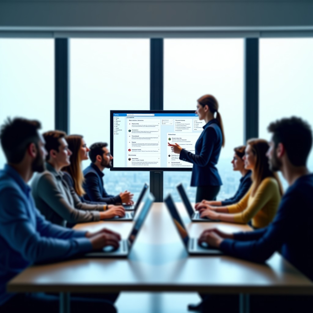 A high-tech modern office interior with a diverse team of professionals working on laptops. The screen shows a clean collaboration software interface with chat bubbles and task lists. Bright natural lighting, professional atmosphere, minimalist design. 4:3