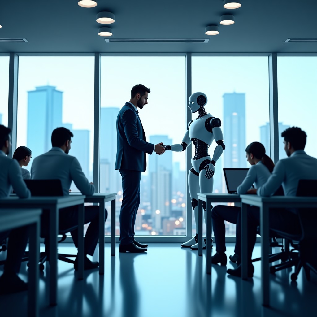 A conceptual image of robots and humans working together in a high-tech city office, representing the changing labor market, bright and optimistic lighting, detailed composition, 4:3