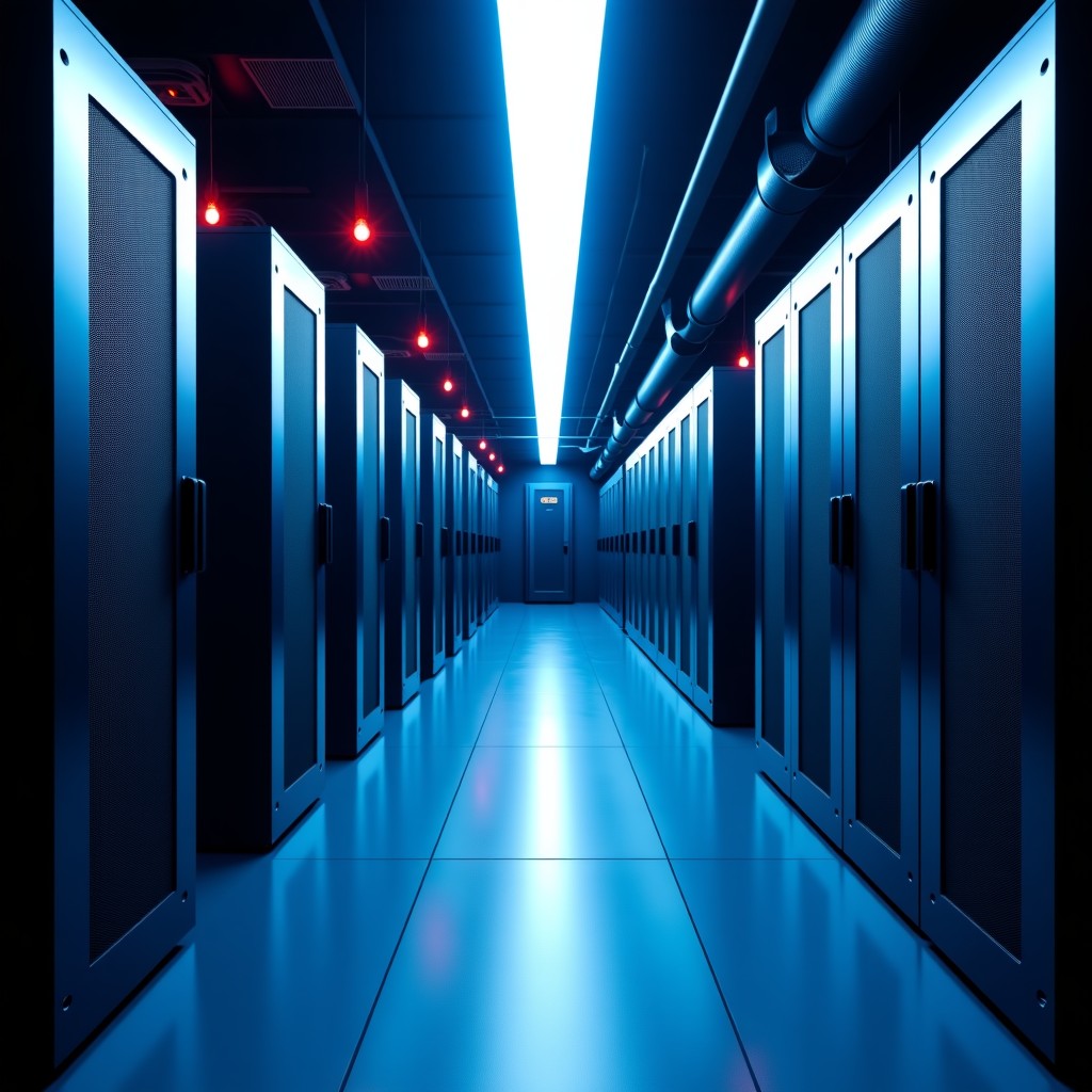 A professional modern server room with subtle neon lighting, emphasizing data storage and security infrastructure, high tech atmosphere, 4:3