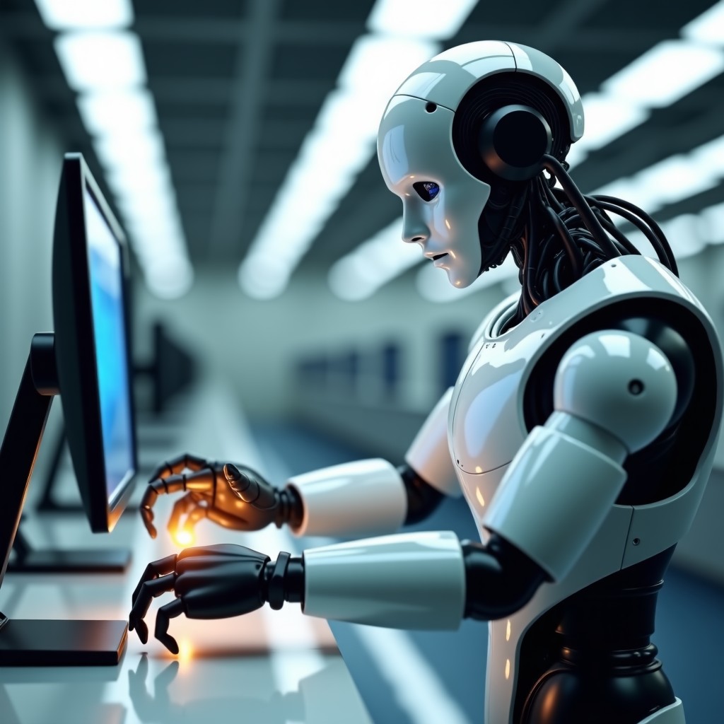 A highly detailed humanoid robot arm performing a delicate task in a modern research laboratory, soft natural lighting, realistic textures, 4:3