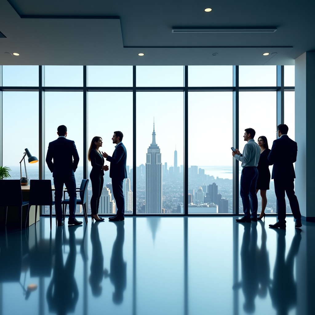 Modern open-plan office in Europe with large windows showing a city view, professional people talking in the background, sleek interior design, clean and bright aesthetics, 4:3