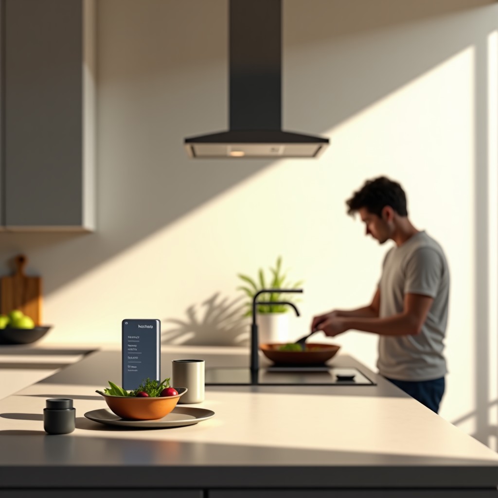A minimalist modern kitchen with smart devices and a person in the background preparing a meal in a natural daylight setting. 4:3