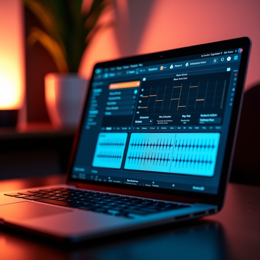 Modern digital audio workstation interface on a sleek laptop screen, minimalist musical software with XY grid, professional music producer studio background, soft bokeh, high contrast, 1:1