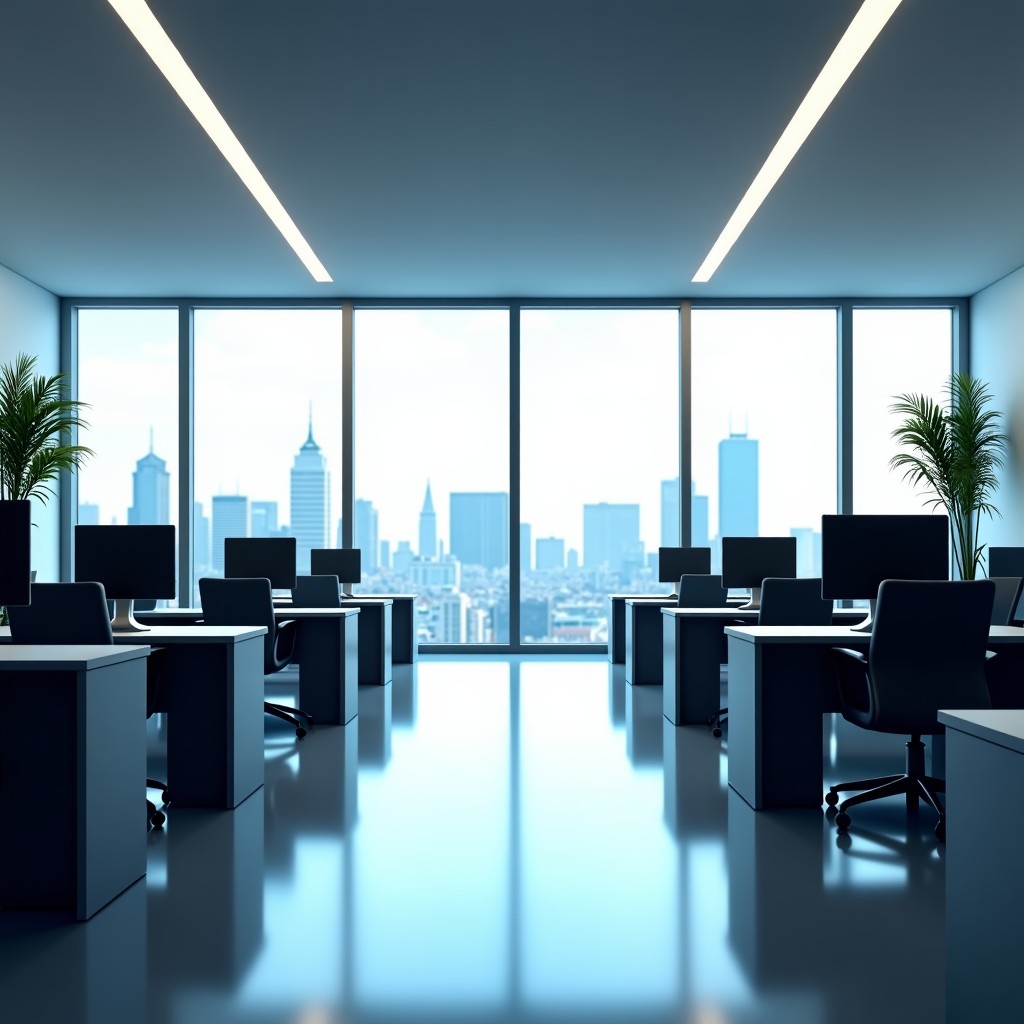 A modern high-tech corporate office interior with a professional and serious atmosphere, minimalist furniture, large windows showing a city skyline, soft natural lighting, high quality photography, 4:3