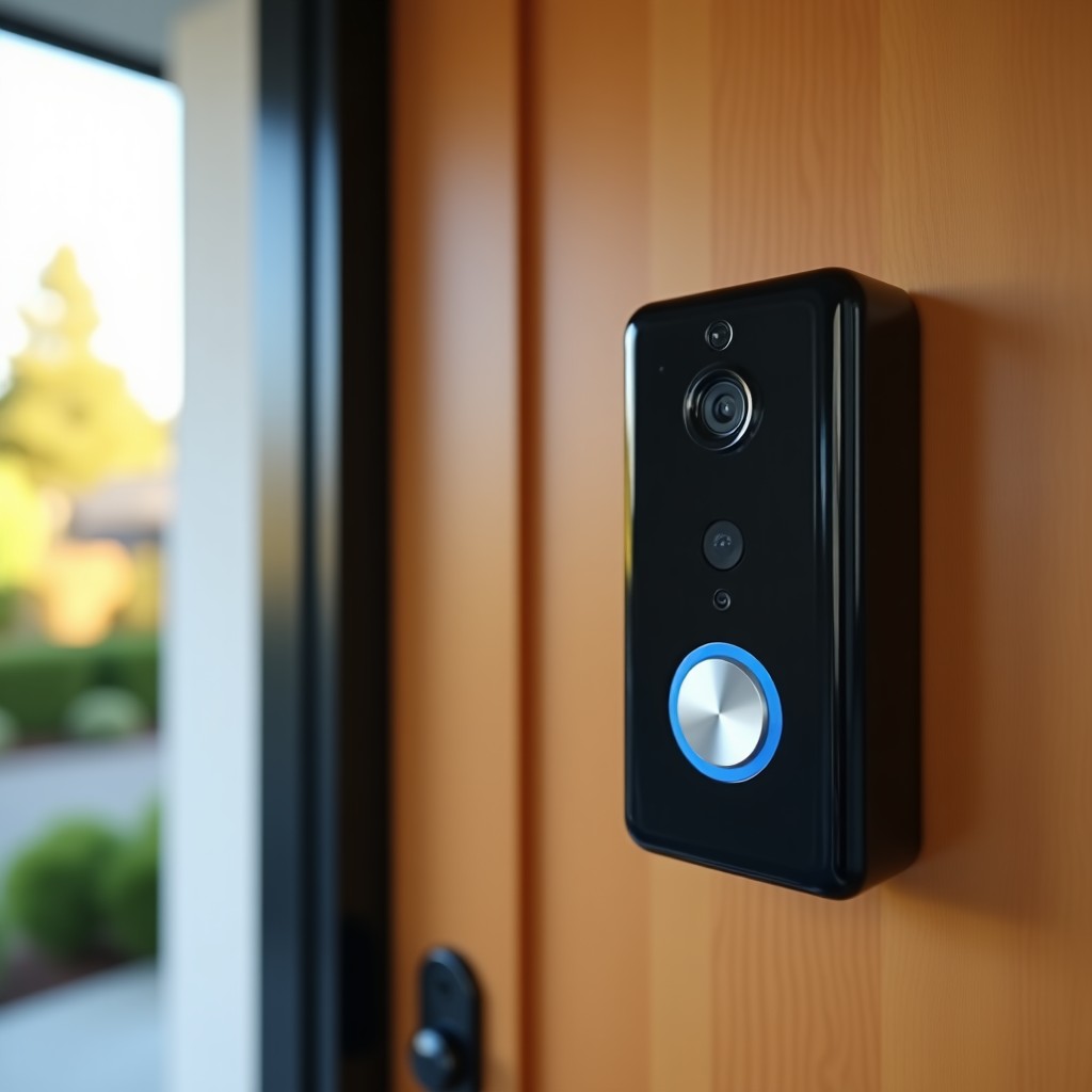 A modern smart doorbell camera installed on a sleek wooden front door of a suburban house, high-tech design, natural daylight, professional photography style. 4:3