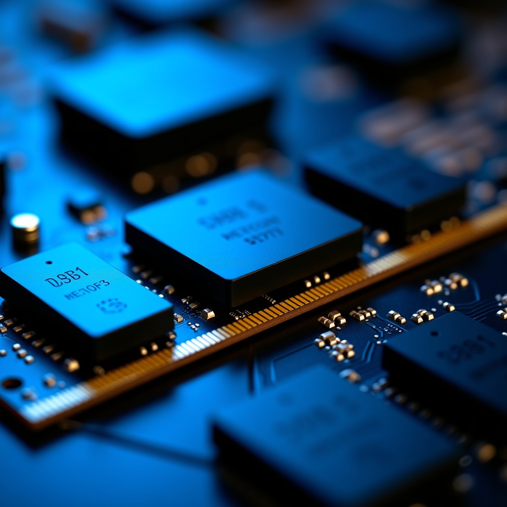Close-up macro shot of DDR5 RAM memory chips on a dark circuit board. Gold contacts are glowing slightly under cool blue studio lighting. The image emphasizes the complex circuitry and precision engineering of modern PC hardware. High contrast and sharp focus. 4:3