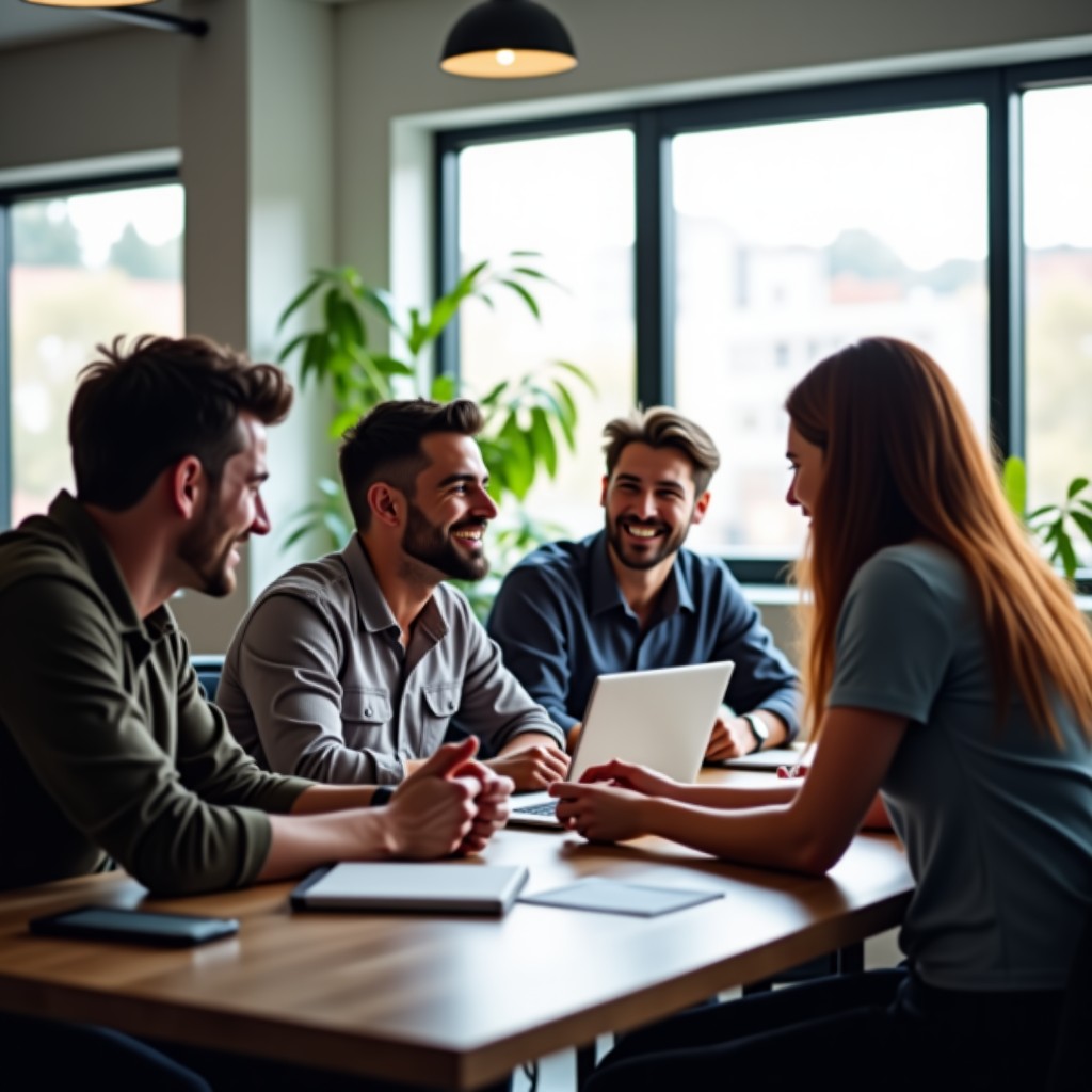 A group of diverse developers collaborating together in a bright office, friendly atmosphere, realistic photography, 4:3