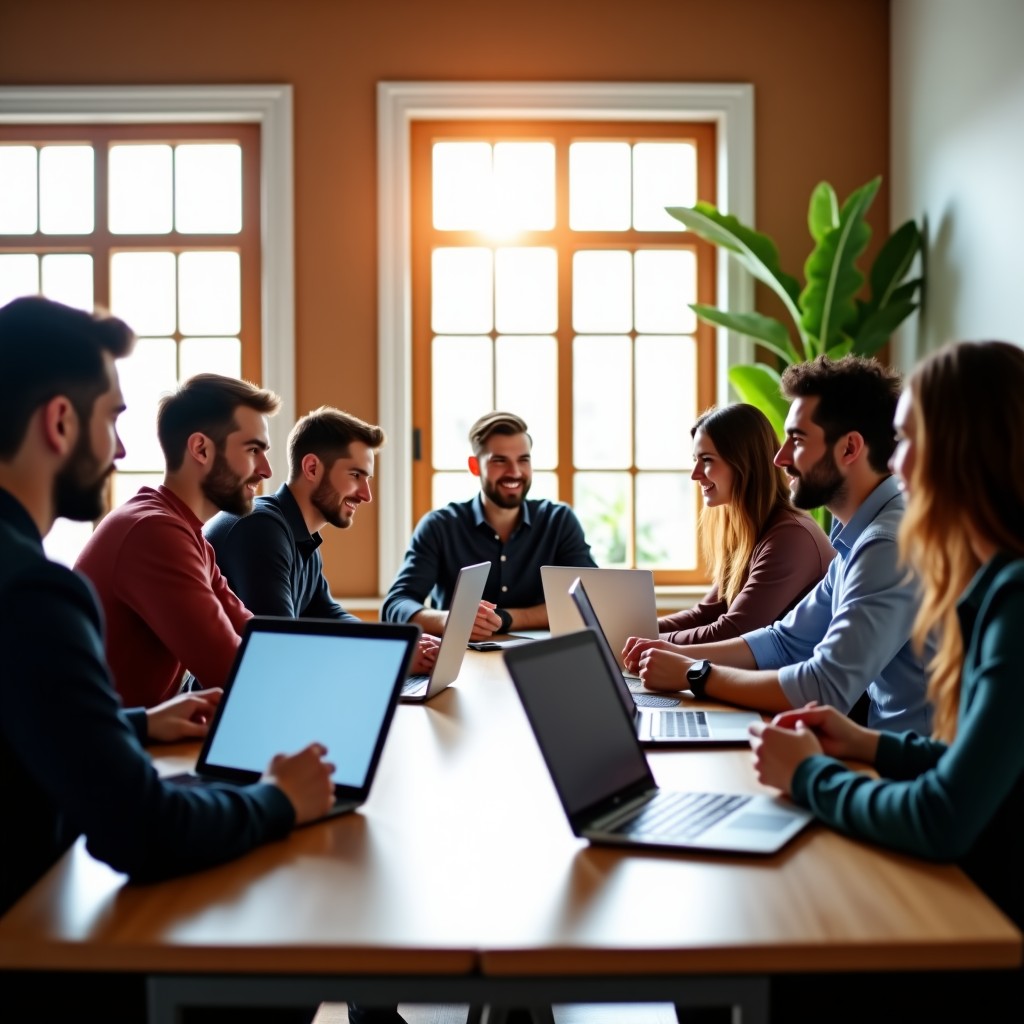 A group of diverse people in a modern wooden office space working together, collaborative atmosphere, bright natural light, professional setting, 4:3