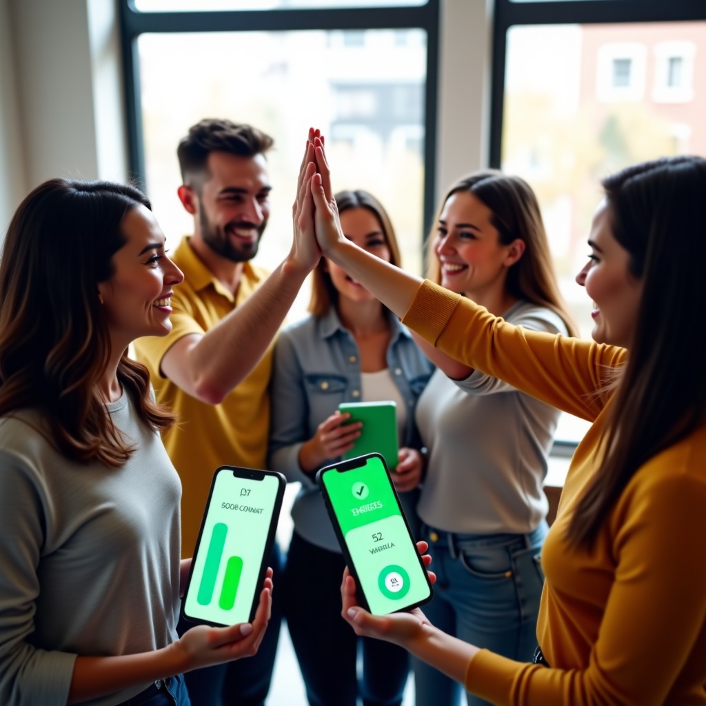 A group of diverse office colleagues high-fiving and smiling in a bright office lounge. They are holding tablets and smartphones showing green progress bars and completed task icons. Vibrant and energetic mood. 1:1