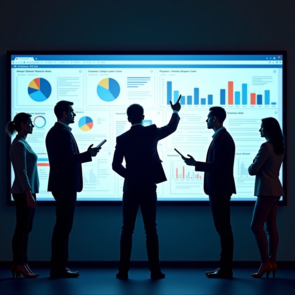 A diverse team of financial professionals collaborating over a large digital screen displaying data visualizations and automated reporting tools. Professional lighting. 4:3