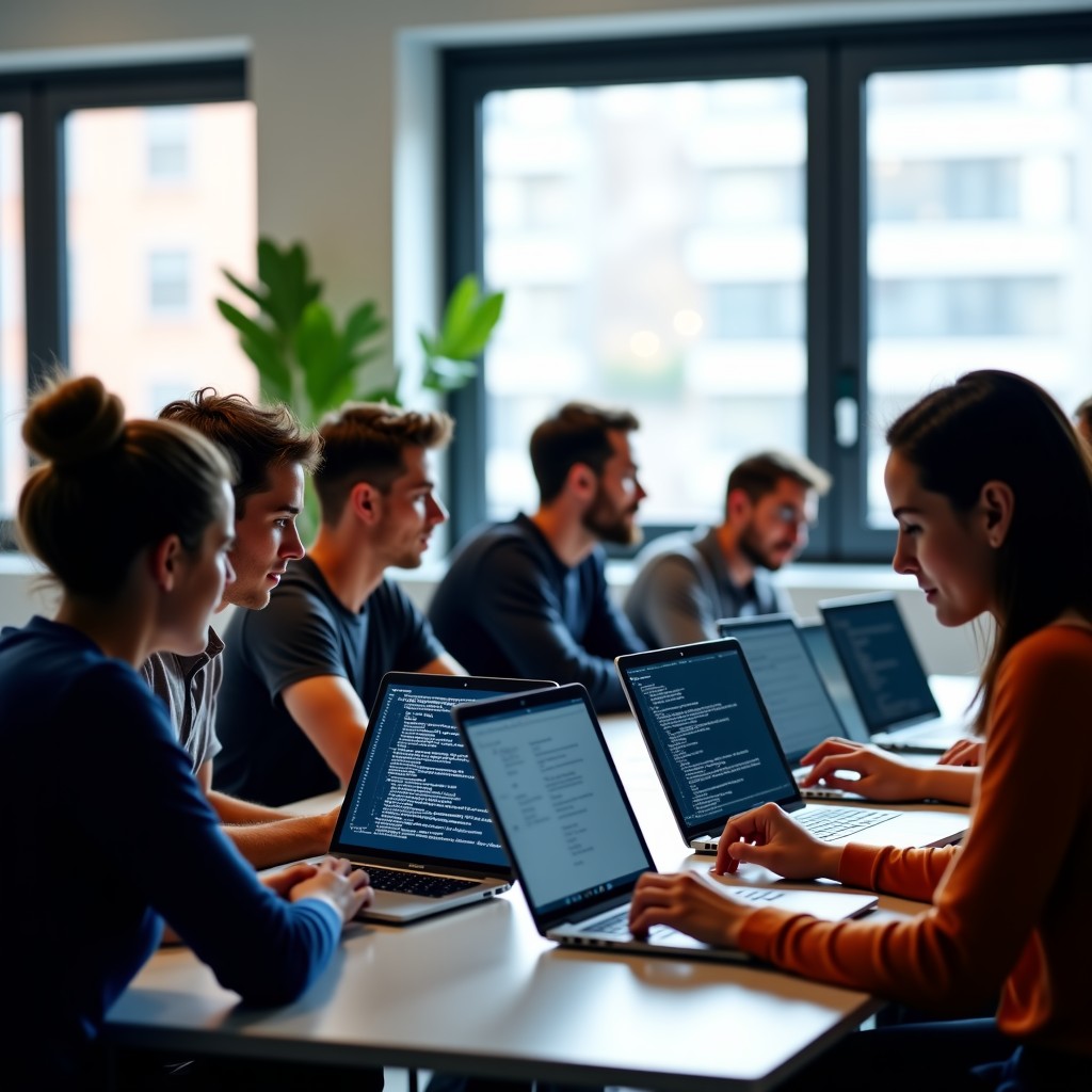 A diverse group of young tech professionals collaborating in a bright modern workspace with laptop screens showing code and neural network diagrams, natural expressions, 4:3