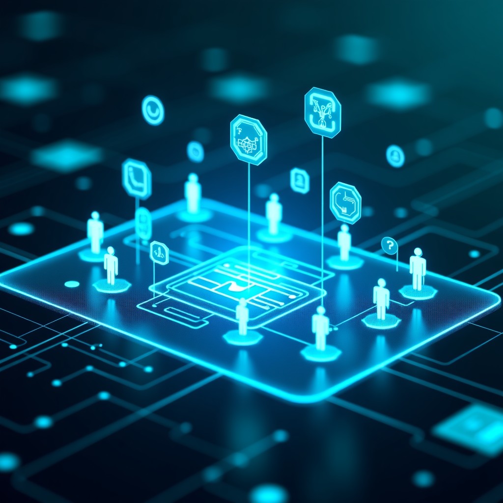 A futuristic digital workspace showing 16 stylized AI agent icons interacting with a complex shared code repository on a large holographic screen, blue and teal color palette, cinematic lighting, high tech atmosphere, 4:3