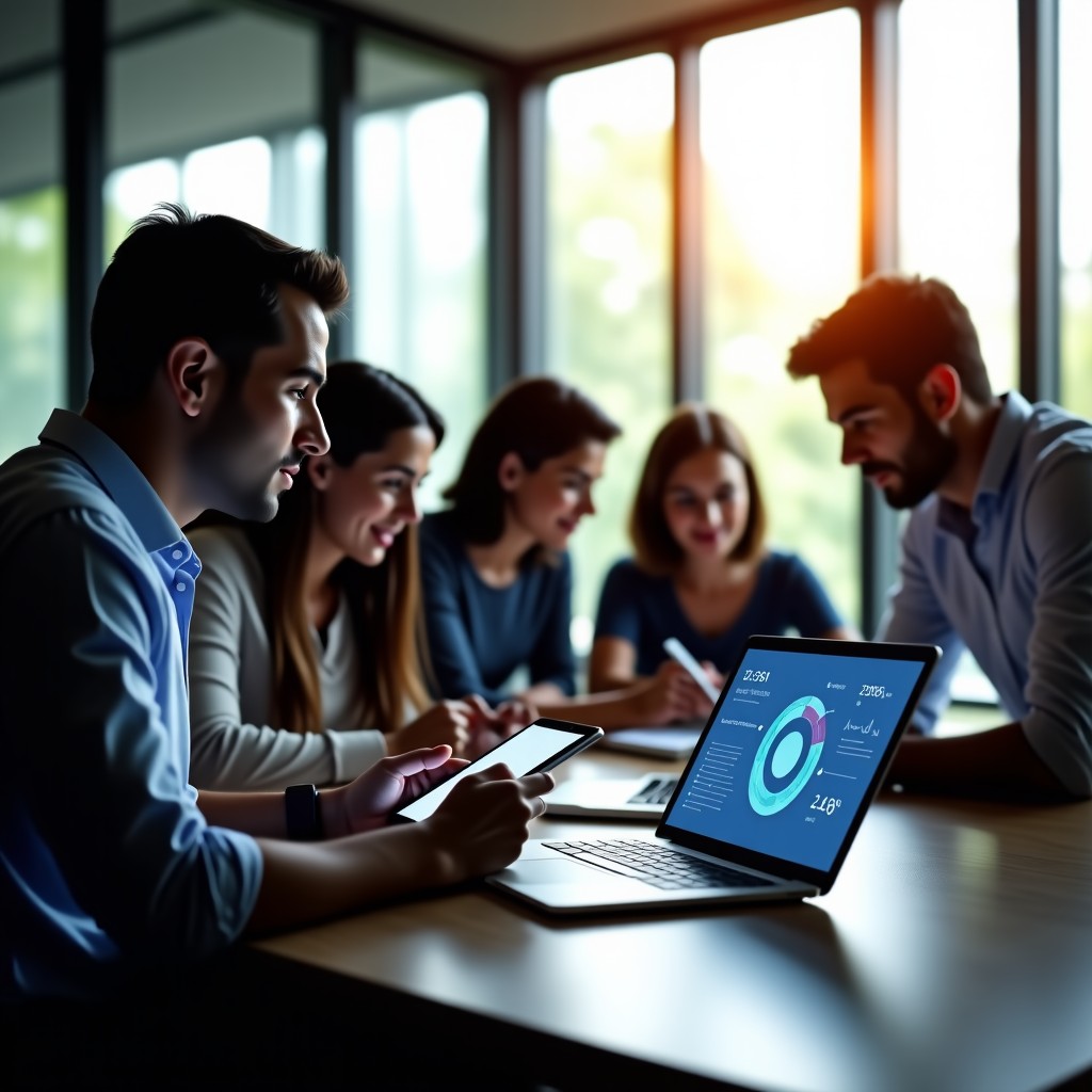 A diverse group of professional business people in a modern office in Bengaluru, collaborating over digital tablets and laptops showing abstract AI data visualizations. The lighting is warm and natural from large windows. The people look focused and optimistic about technology. 4:3