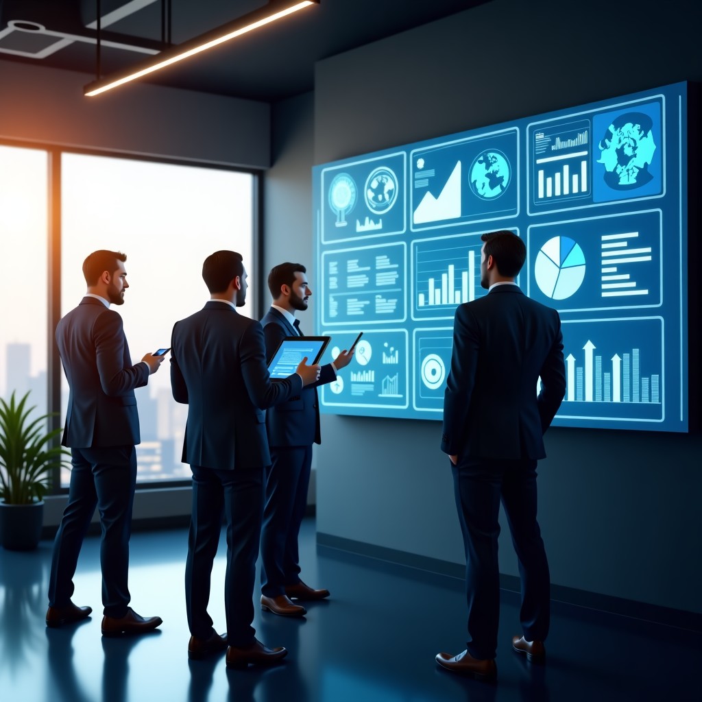 A professional team collaborating in a modern office with glowing digital dashboards on the wall, natural sunlight, realistic business setting, 1:1