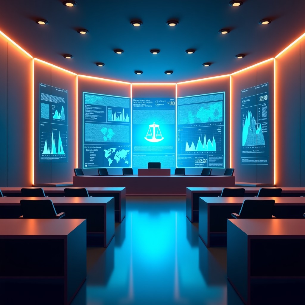 A futuristic courtroom with holographic displays showing data visualizations, modern justice theme, bright and balanced lighting, 4:3