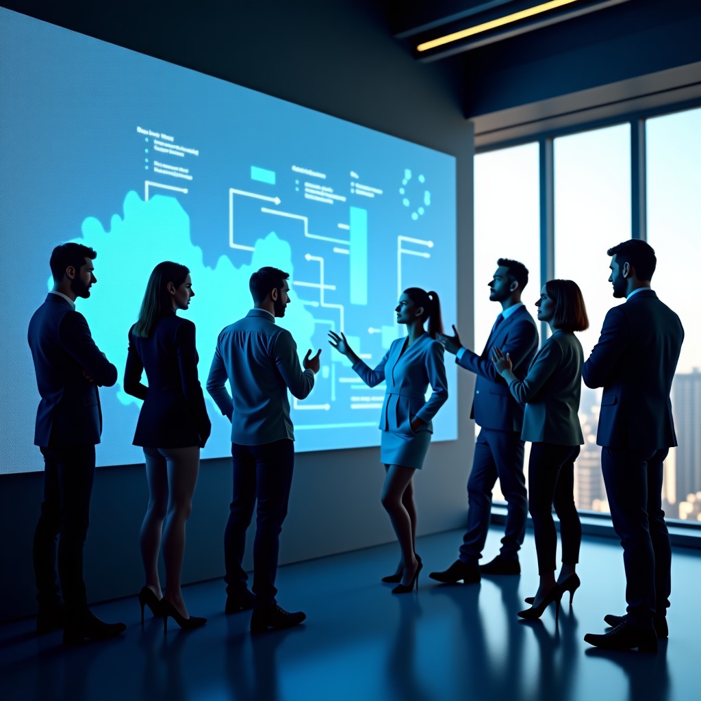 A diverse group of tech entrepreneurs discussing data on a large holographic screen in a bright modern co-working space, professional and optimistic atmosphere, 4:3