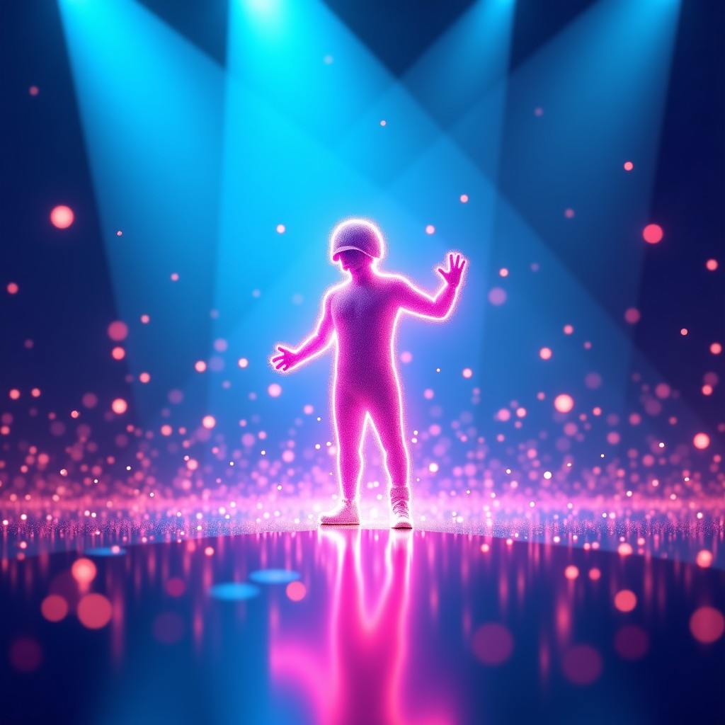 An energetic and bright digital persona interacting with a crowd of light particles on a futuristic stage, vibrant blue and purple neon lights, dynamic composition, 4:3