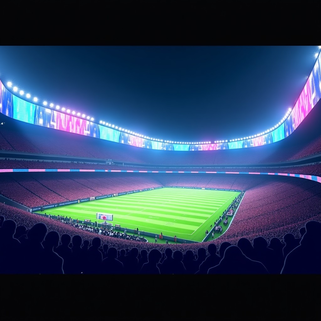 A wide view of a packed modern American football stadium at night, giant digital screens displaying abstract AI interface graphics, vibrant lighting, realistic photography, 4:3