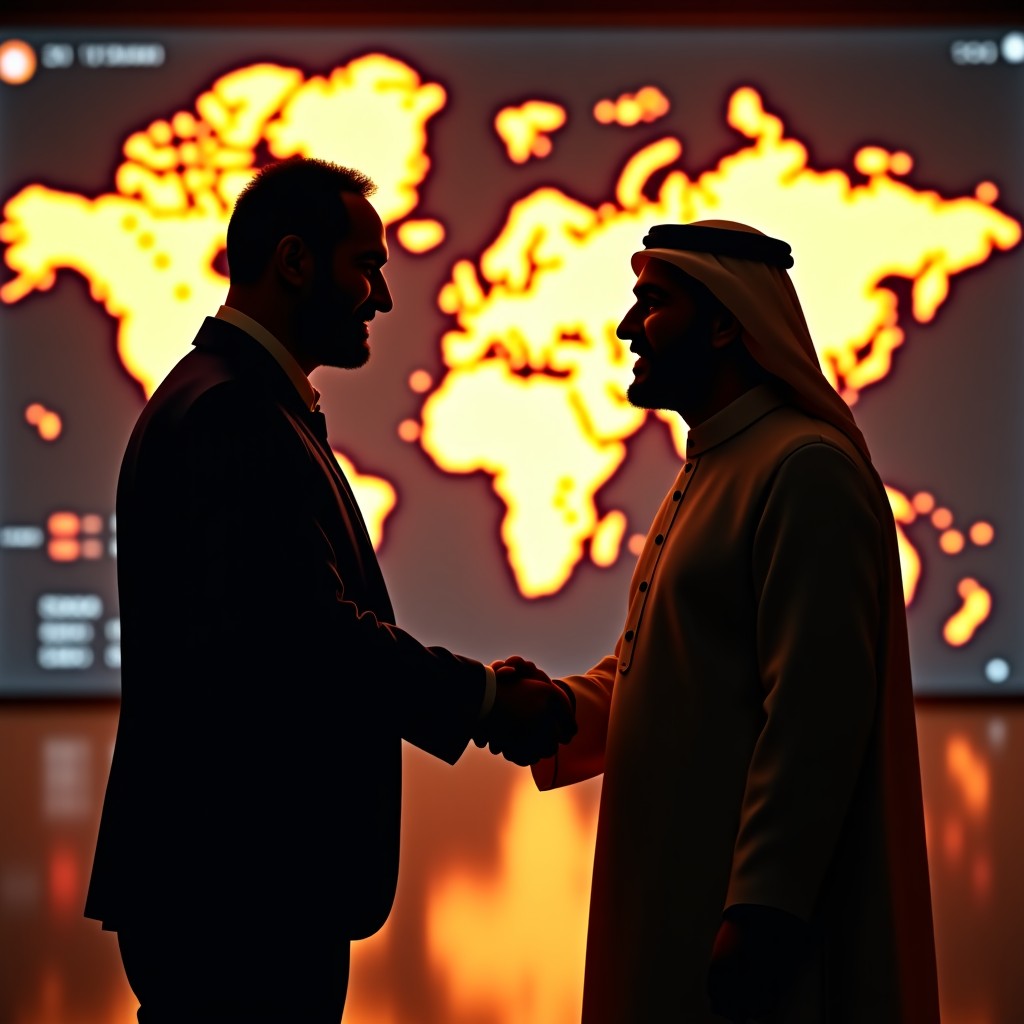 Silhouette of a powerful figure shaking hands with a Middle Eastern royal member, background featuring glowing cryptocurrency charts and a digital map of the world, cinematic lighting, 4:3