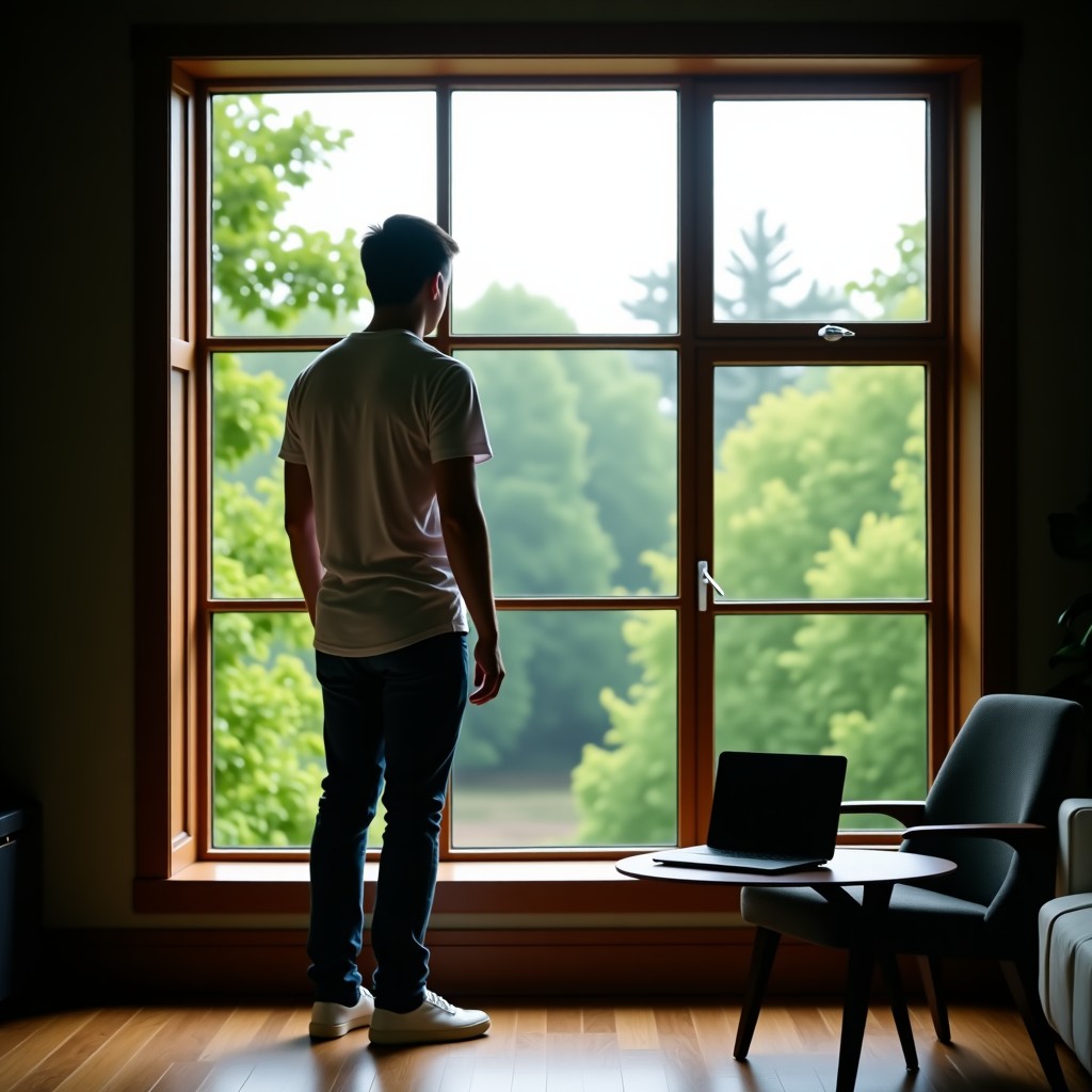 A person standing by a large window, looking out at a lush green forest, leaving a laptop closed on a nearby table, peaceful atmosphere, soft natural lighting, high quality photography, 4:3