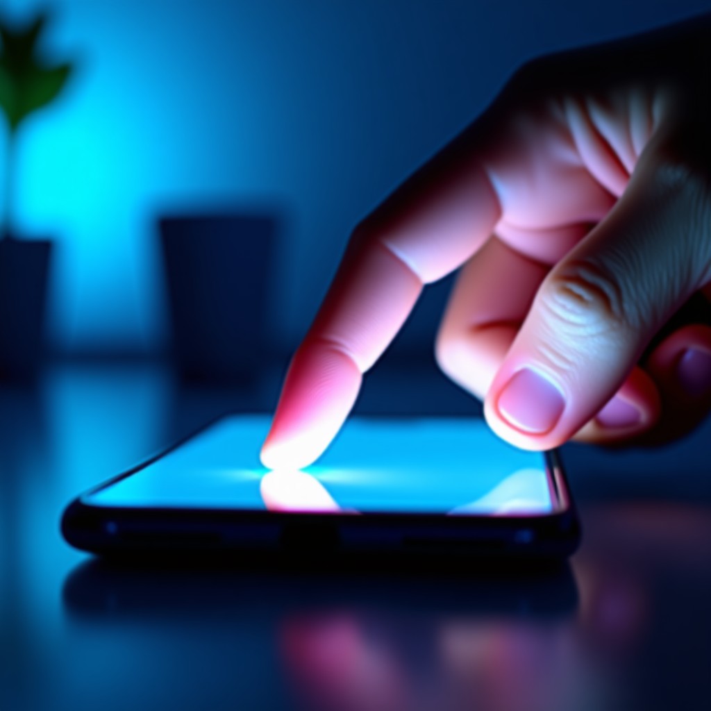 A close up of a hand performing a swipe up gesture on a glowing smartphone screen. Motion blur on the finger to indicate movement. High tech studio setting with blue and purple ambient light. 4:3