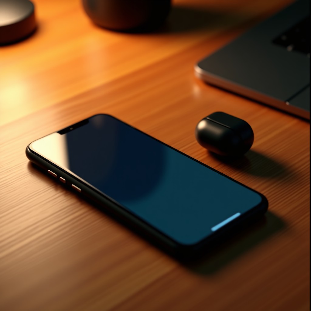 A modern smartphone lying on a wooden table with its screen turned off, paired with sleek wireless earbuds next to it. Soft warm ambient lighting, realistic and cozy atmosphere, 4:3.