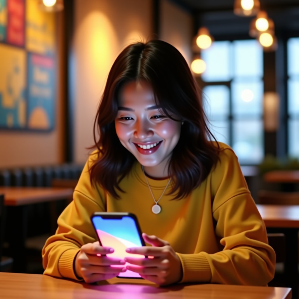 A smiling Korean young adult sitting in a trendy cafe looking at a bright and colorful social media post on their phone screen 1:1