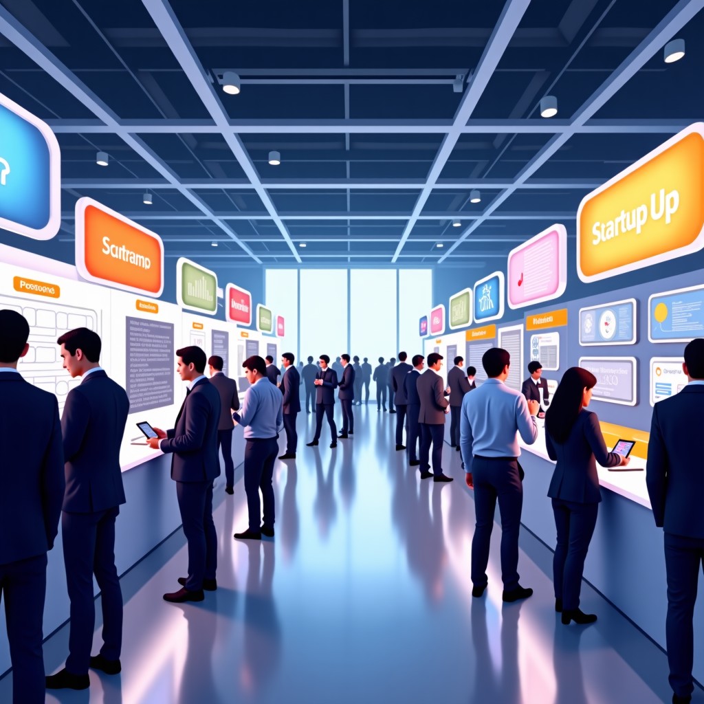 Busy tech expo hall with many startup booths, attendees interacting with technology displays, bright and modern interior, realistic professional setting, 4:3