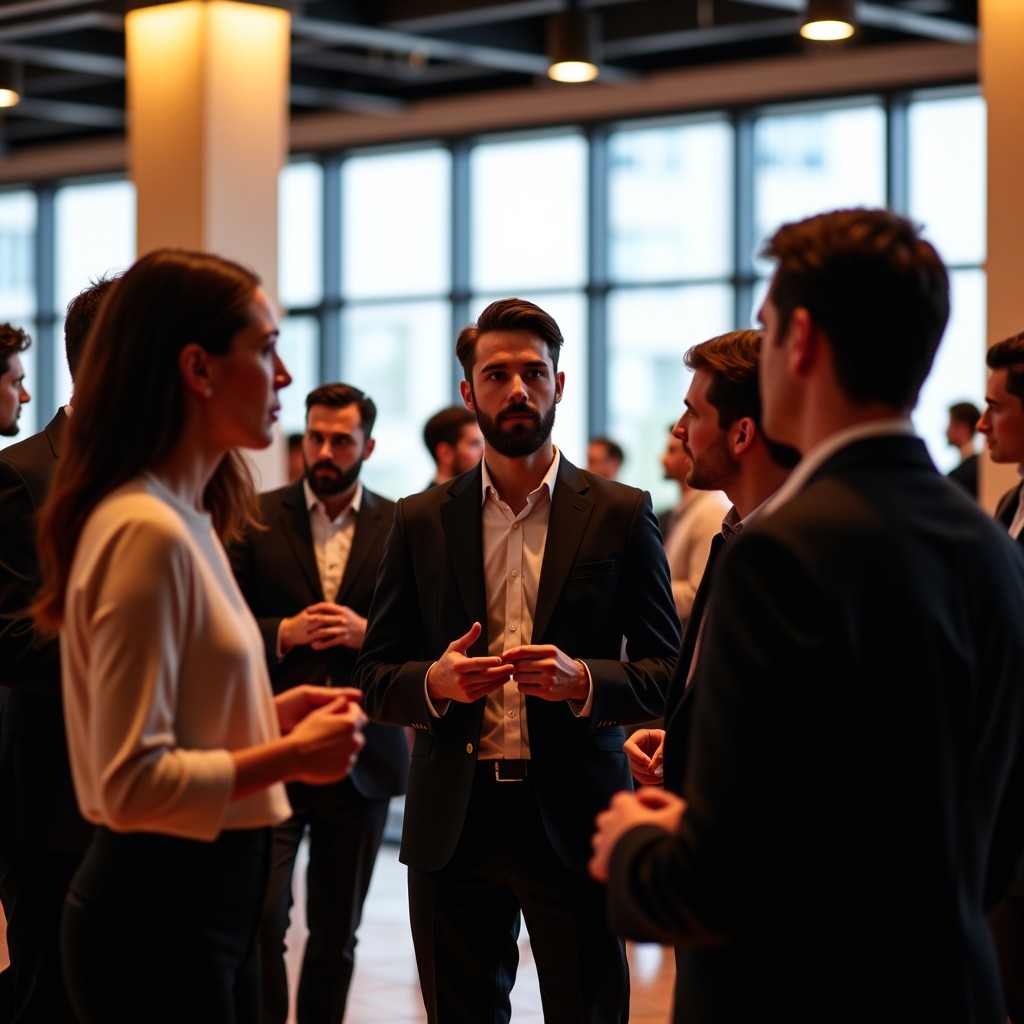 Professional networking scene with a diverse group of young entrepreneurs and investors talking earnestly in a modern lounge area of a tech event. 4:3