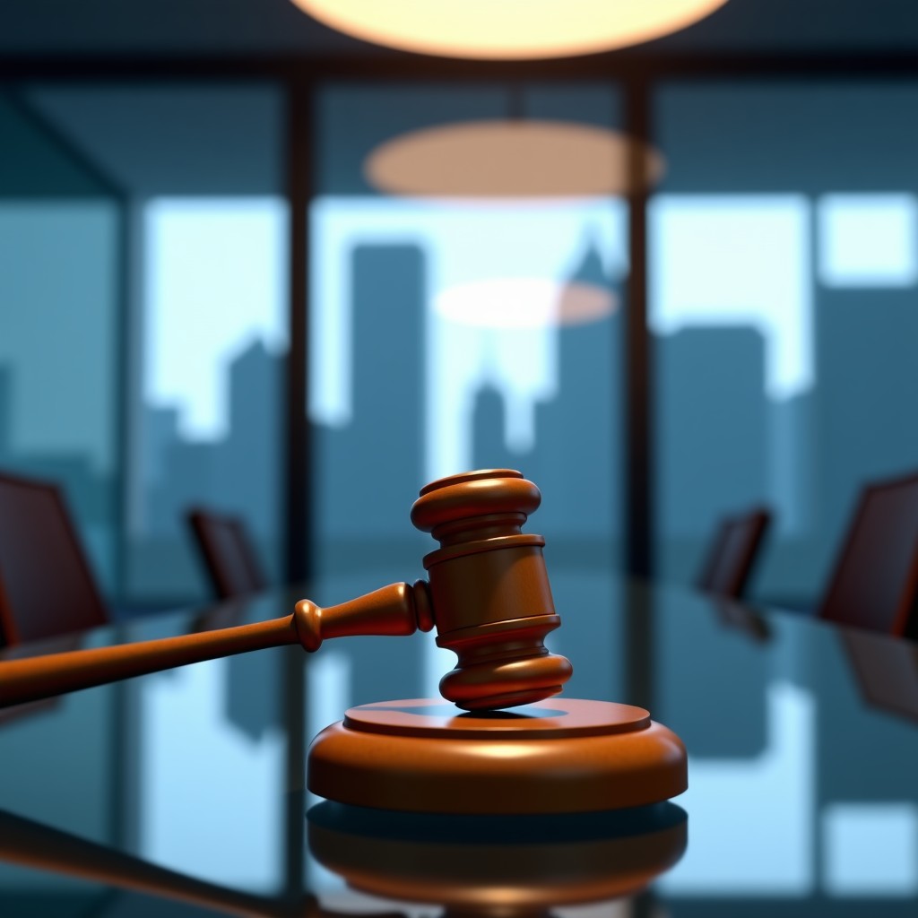 A professional modern office interior of a global consultancy firm with a wooden gavel placed on a glass desk, blurred background of a corporate logo, high contrast, cinematic lighting, 4:3