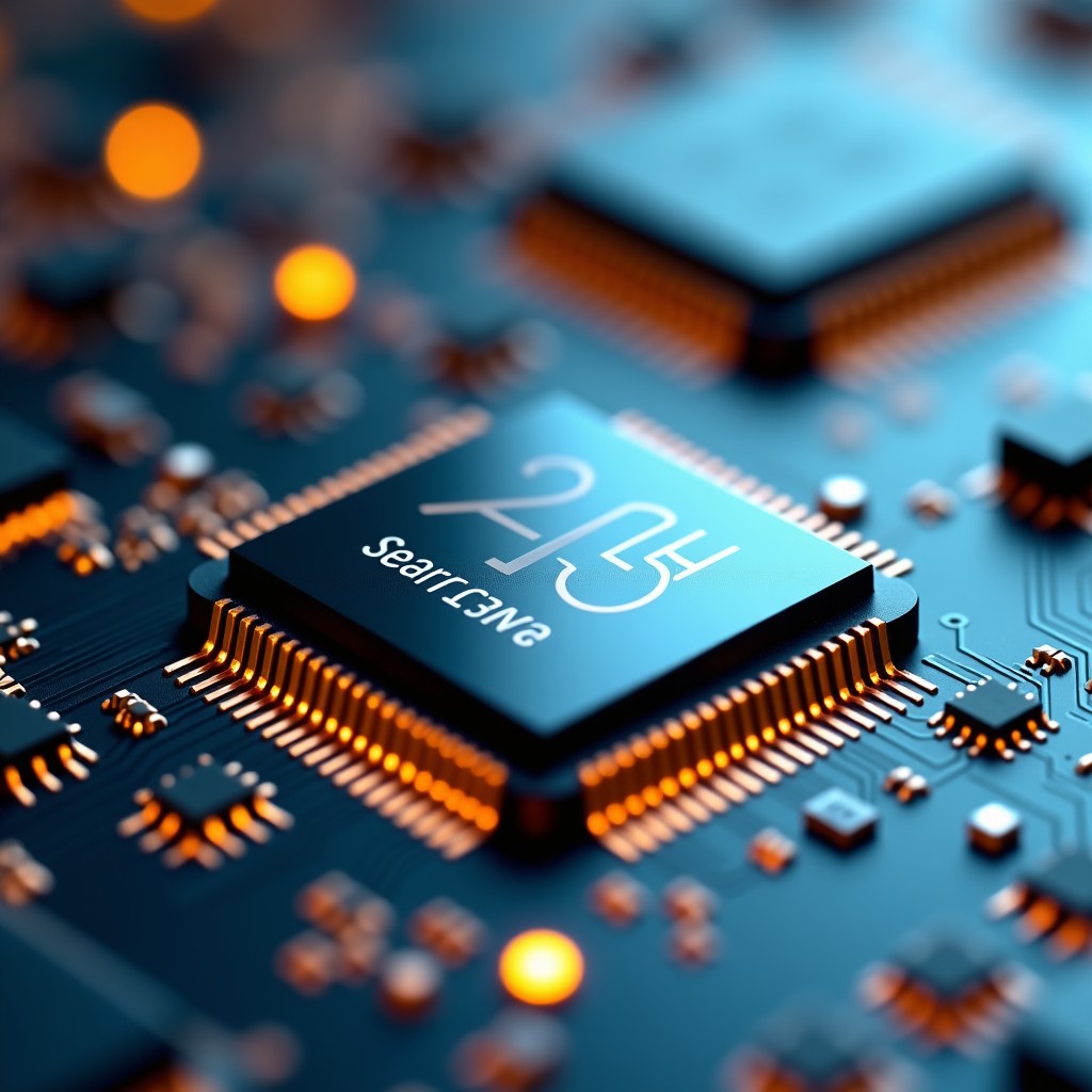 Close-up of a highly detailed AI semiconductor chip mounted on a complex circuit board. Gold and silver traces, microscopic electronic components. Soft bokeh background of a high-tech lab. Realistic macro photography. 4:3