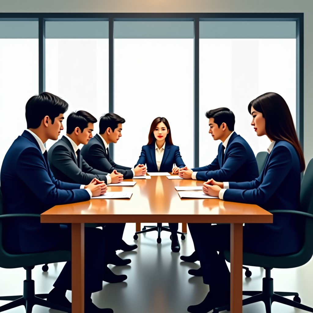 A group of professional people in business attire sitting around a wooden conference table in a modern office. They are looking at documents and have a serious discussion. The setting is formal and well-lit. Korean appearance. 4:3